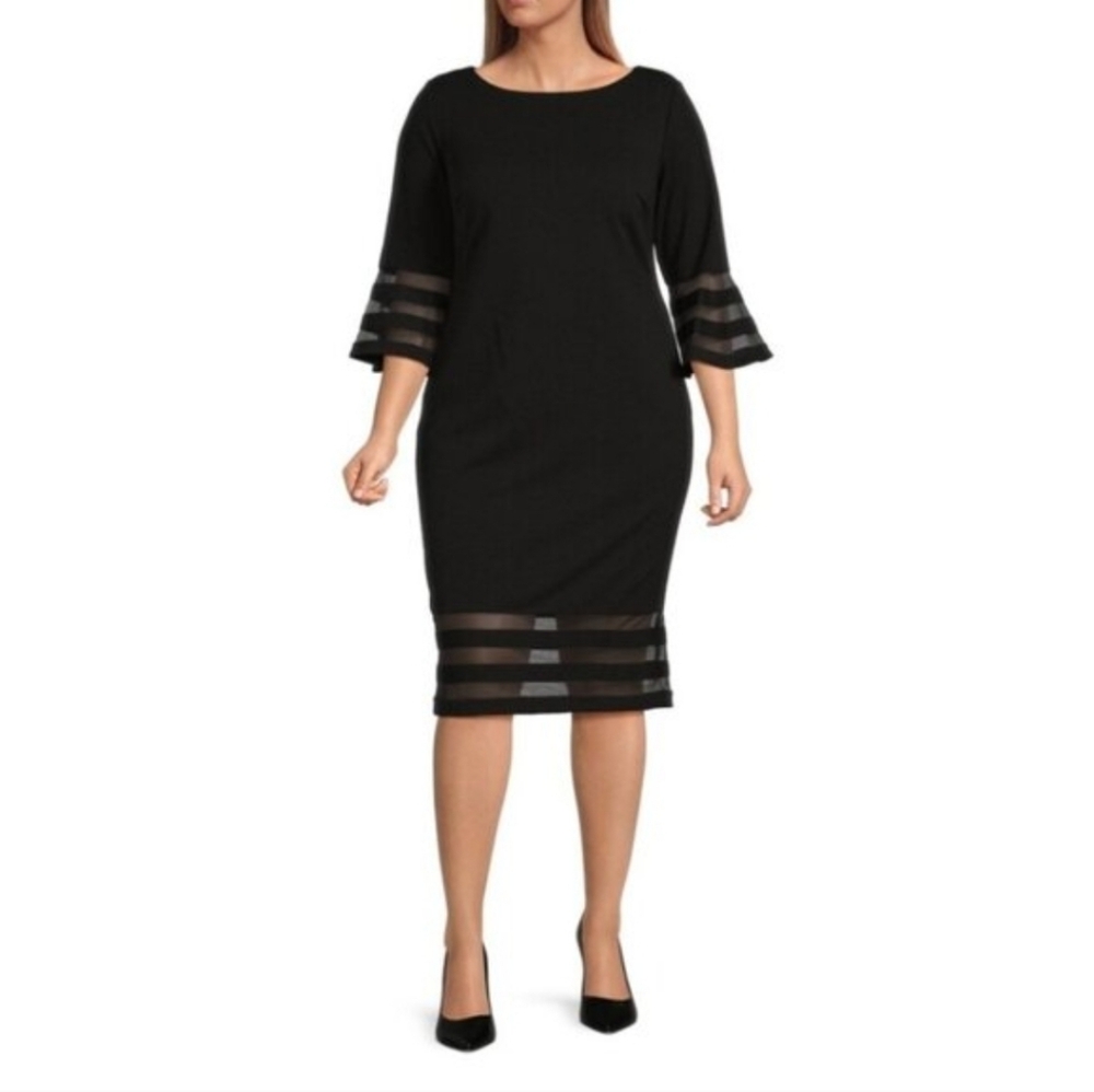 NEW! Calvin Klein Black Sheer Stripe Bell Sleeves Sheath Dress